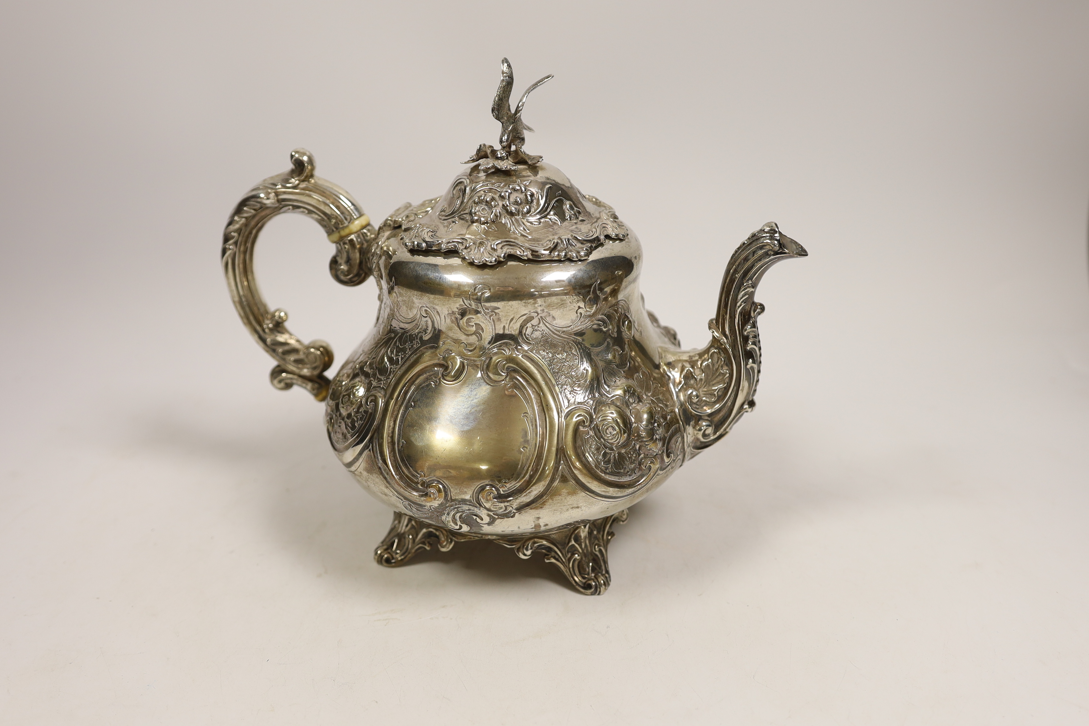 A Victorian embossed silver pyriform teapot by Robert Harper, London, 1869, gross weight 23.4oz, CITES Submission reference, MCKR5R3E